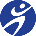 The First Class personal training logo made of a blue and White icon with 2 swooping lines and a dot making the shape of a person.