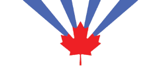 A flag for the City of Vaughan. A red maple leaf is in the middle with blue lines extending out the top.