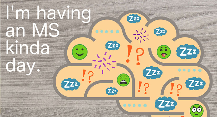 A graphic with the text "I'm having an MS kinda day." An icon of a brain sits on the right, filled with happy, sad, and tired faces. There are cloud shapes with "ZZZ", and exclaimation points and question marks. There are groups of purple lines throughout the brain.