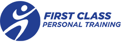 A blue and white logo which reads "First Class Personal Training". There is a shape of a person to the left of the text.