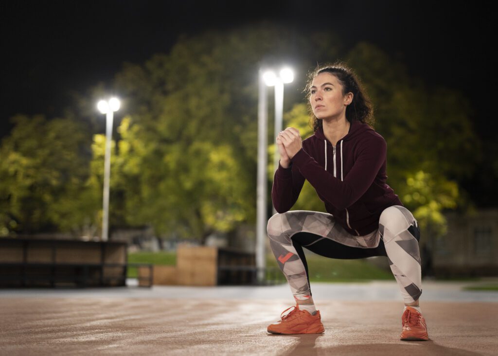 A female in full workout attire doing squats at a tennis court at night with bright floodlights shining in the background